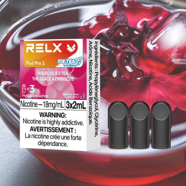 RELX CA Pod Pro 2 CAD $19.99 Hibiscus Ice Tea 18mg/ml nicotine package Smooth, leak-resistant pod, tested for consistent flavour 悦刻加拿大 雾化弹 3颗装 19.99加元 极凉洛神花茶 18mg/ml 尼古丁 包装 顺滑防漏烟弹,口味稳定可靠 🌺❄️🍵