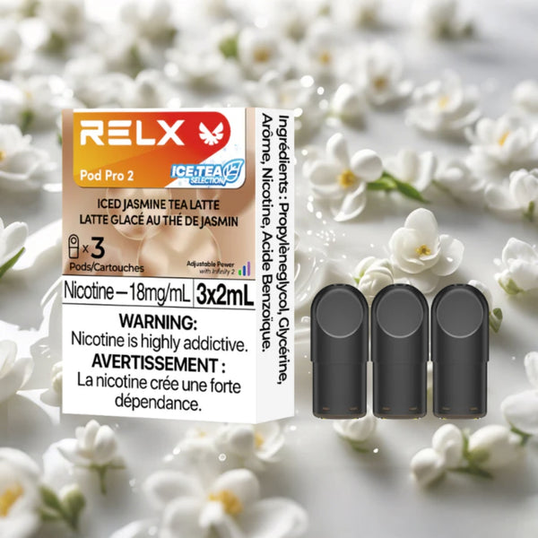 RELX CA Pod Pro 2 CAD $19.99 Iced Jasmine Tea Latte 18mg/ml nicotine product & flavour Wide range of flavours, compatible with RELX devices 悦刻加拿大 雾化弹 3颗装 19.99加元 茉莉奶茶 18mg/ml 尼古丁 产品 & 口味 多种口味,兼容悦刻换弹雾化杆 🍃❄️🥛