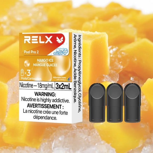 RELX CA Pod Pro 2 CAD $19.99 Mango Ice 18mg/ml nicotine product & flavour Wide range of flavours, compatible with RELX devices 悦刻加拿大 雾化弹 3颗装 19.99加元 芒果 18mg/ml 尼古丁 产品 & 口味 多种口味,兼容悦刻换弹雾化杆 🥭❄️
