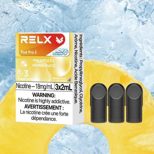 RELX CA Pod Pro 2 CAD $19.99 Pineapple Ice 18mg/ml nicotine package Smooth, leak-resistant pod, tested for consistent flavour 悦刻加拿大 雾化弹 3颗装 19.99加元 菠萝 18mg/ml 尼古丁 包装 顺滑防漏烟弹,口味稳定可靠 🍍❄️