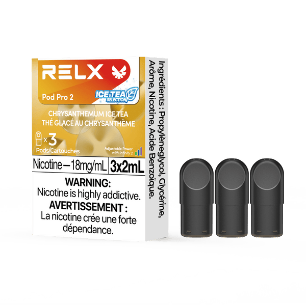 RELX CA Pod Pro 2 CAD $19.99 Chrysanthemum Ice 18mg/ml nicotine package Smooth, leak-resistant pod, tested for consistent flavour 悦刻加拿大 雾化弹 3颗装 19.99加元 菊花茶 18mg/ml 尼古丁 包装 顺滑防漏烟弹,口味稳定可靠 🌼🍵