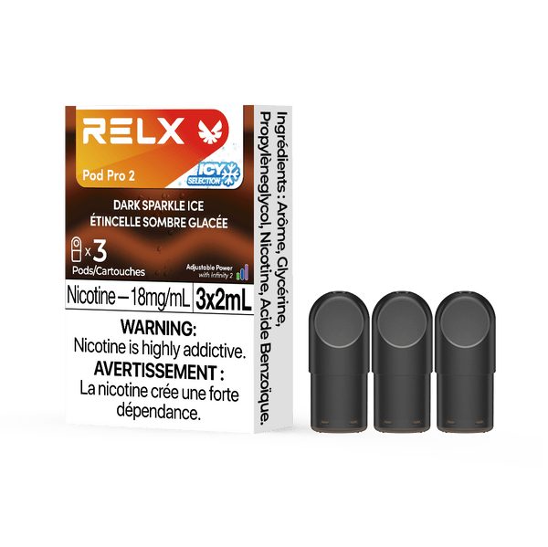 RELX CA Pod Pro 2 CAD $19.99 Dark Sparkle Ice 18mg/ml nicotine package Smooth, leak-resistant pod, tested for consistent flavour 悦刻加拿大 雾化弹 3颗装 19.99加元 可乐 18mg/ml 尼古丁 包装 顺滑防漏烟弹,口味稳定可靠 🥤❄️