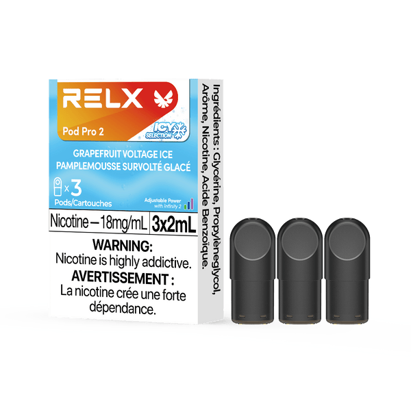 RELX CA Pod Pro 2 CAD $19.99 Grapefruit Voltage Ice 18mg/ml nicotine package Smooth, leak-resistant pod, tested for consistent flavour 悦刻加拿大 雾化弹 3颗装 19.99加元 宝矿力 18mg/ml 尼古丁 包装 顺滑防漏烟弹,口味稳定可靠 🍊💧🧊