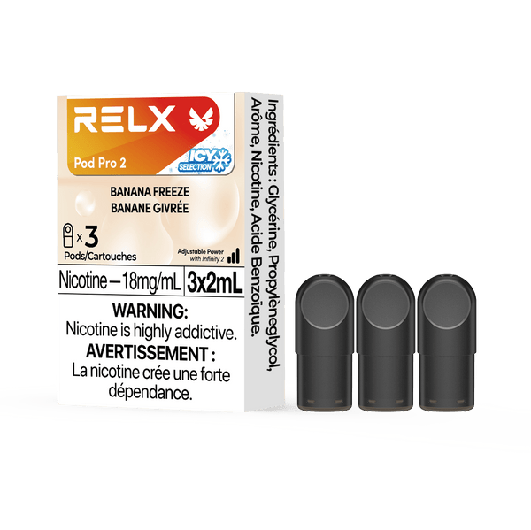 RELX CA Pod Pro 2 CAD $19.99 Banana Freeze 18mg/ml nicotine package Smooth, leak-resistant pod, tested for consistent flavour 悦刻加拿大 雾化弹 3颗装 19.99加元 老冰棍 18mg/ml 尼古丁 包装 顺滑防漏烟弹,口味稳定可靠 🍌❄️🍦