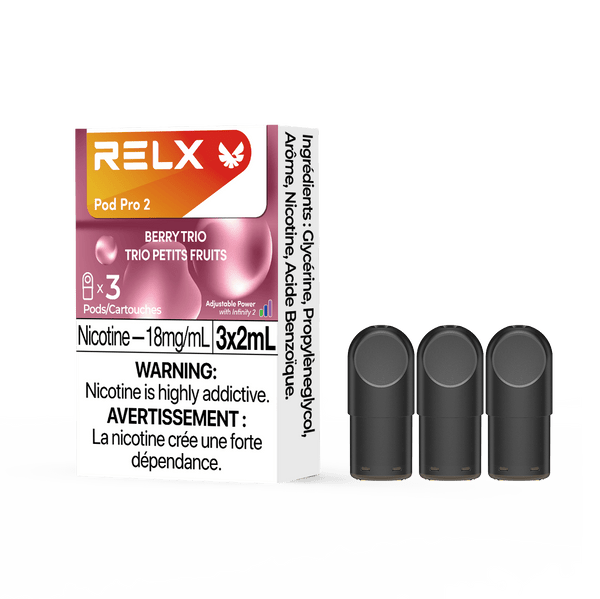 RELX CA Pod Pro 2 CAD $19.99 Berry Trio 18mg/ml nicotine package Smooth, leak-resistant pod, tested for consistent flavour 悦刻加拿大 雾化弹 3颗装 19.99加元 混合莓果 18mg/ml 尼古丁 包装 顺滑防漏烟弹,口味稳定可靠 🍇🍓