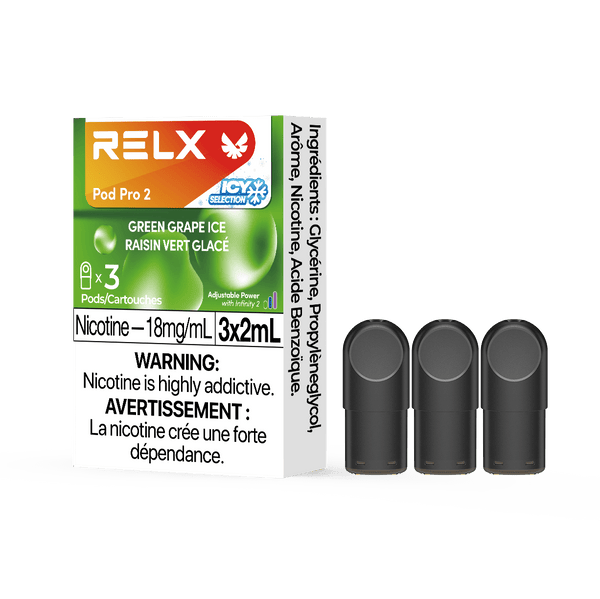 RELX CA Pod Pro 2 CAD $19.99 Green Grape Ice 18mg/ml nicotine package Smooth, leak-resistant pod, tested for consistent flavour 悦刻加拿大 雾化弹 3颗装 19.99加元 青提 18mg/ml 尼古丁 包装 顺滑防漏烟弹,口味稳定可靠 🍇❄️