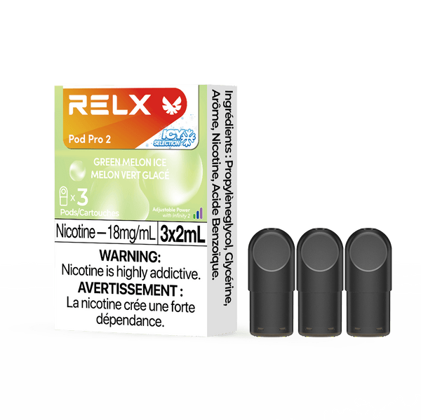 RELX CA Pod Pro 2 CAD $19.99 Green Melon Ice 18mg/ml nicotine package Smooth, leak-resistant pod, tested for consistent flavour 悦刻加拿大 雾化弹 3颗装 19.99加元 绿宝石甜瓜 18mg/ml 尼古丁 包装 顺滑防漏烟弹,口味稳定可靠 🍈💎
