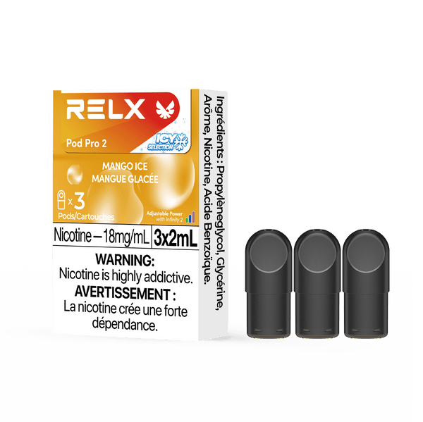 RELX CA Pod Pro 2 CAD $19.99 Mango Ice 18mg/ml nicotine package Smooth, leak-resistant pod, tested for consistent flavour 悦刻加拿大 雾化弹 3颗装 19.99加元 芒果 18mg/ml 尼古丁 包装 顺滑防漏烟弹,口味稳定可靠 🥭❄️