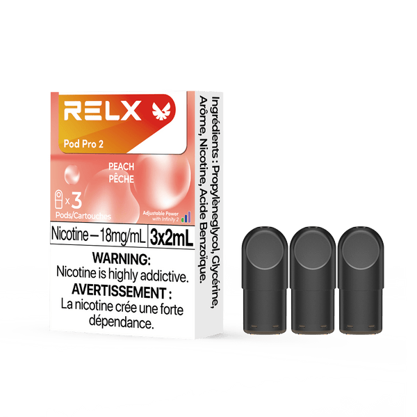 RELX CA Pod Pro 2 CAD $19.99 peach 18mg/ml nicotine package Smooth, leak-resistant pod, tested for consistent flavour 悦刻加拿大 雾化弹 3颗装 19.99加元 桃子 18mg/ml 尼古丁 包装 顺滑防漏烟弹,口味稳定可靠 🍑
