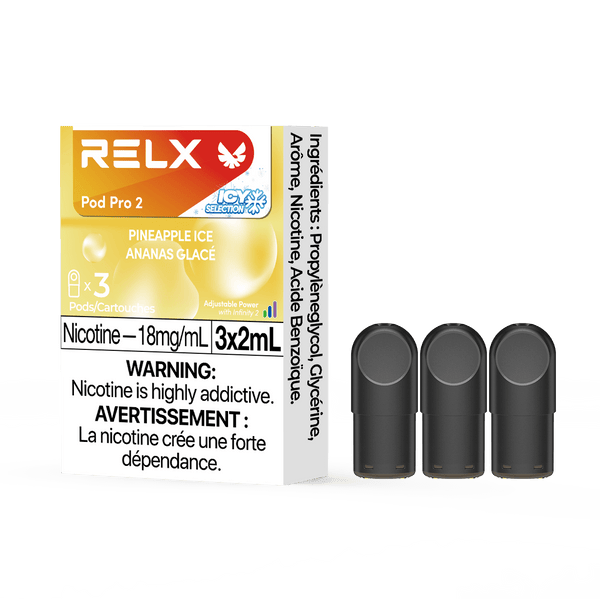 RELX CA Pod Pro 2 CAD $19.99 Pineapple Ice 18mg/ml nicotine package Smooth, leak-resistant pod, tested for consistent flavour 悦刻加拿大 雾化弹 3颗装 19.99加元 菠萝 18mg/ml 尼古丁 包装 顺滑防漏烟弹,口味稳定可靠 🍍❄️