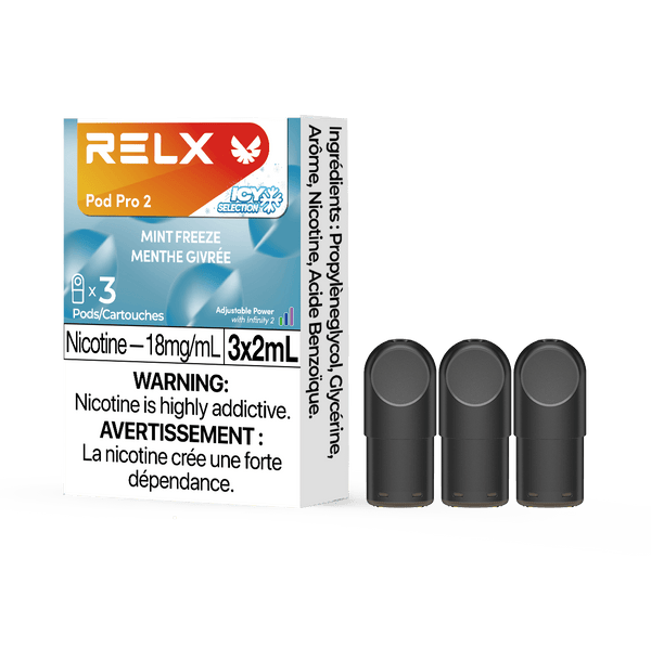 RELX CA Pod Pro 2 CAD $19.99 Mint Freeze 18mg/ml nicotine package Smooth, leak-resistant pod, tested for consistent flavour 悦刻加拿大 雾化弹 3颗装 19.99加元 零度薄荷 18mg/ml 尼古丁 包装 顺滑防漏烟弹,口味稳定可靠 🌿💨