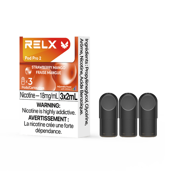 RELX CA Pod Pro 2 CAD $19.99 Strawberry Mango 18mg/ml nicotine package Smooth, leak-resistant pod, tested for consistent flavour 悦刻加拿大 雾化弹 3颗装 19.99加元 草莓芒果 18mg/ml 尼古丁 包装 顺滑防漏烟弹,口味稳定可靠 🍓🥭