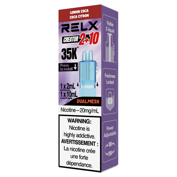 RELX CA Creator Pod CAD $24.99 Lemon Cola 20mg/ml nicotine package  悦刻加拿大 雾化弹  柠檬可乐 20mg/ml 尼古丁 包装 多种口味 🍋🥤
