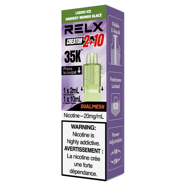 RELX CA Creator Pod CAD $24.99 Ludou Ice 20mg/ml nicotine package  悦刻加拿大 雾化弹  绿豆冰 20mg/ml 尼古丁 包装 多种口味 🟢🧊
