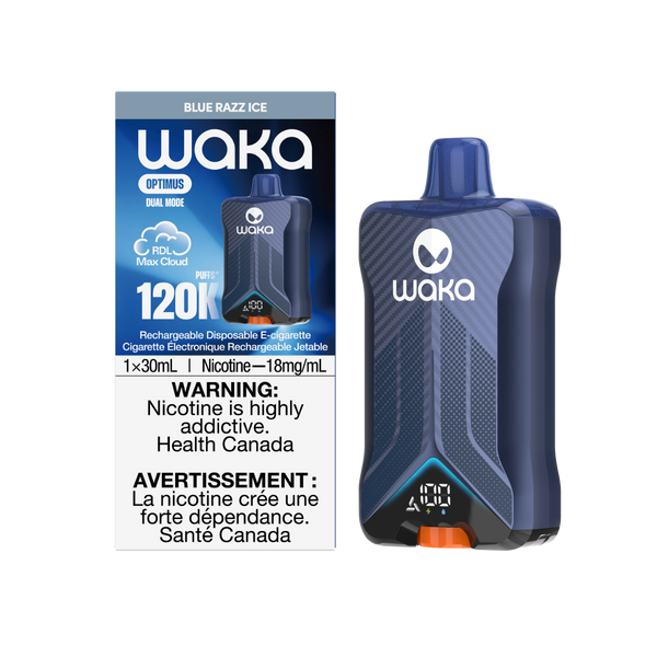 WAKA Optimus 120K Blue Razz Ice Disposable Vape (30mL, 18mg/mL) at RELX Canada. 🫐

