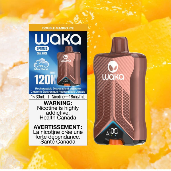 WAKA Optimus 120K Double Mango Ice flavor disposable vape with 18mg/mL nicotine on RELX Canada. 🧊
