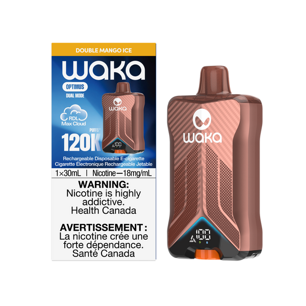 WAKA Optimus 120K Double Mango Ice Disposable Vape featuring 30mL capacity and Dual Mode at RELX Canada. 🥭

