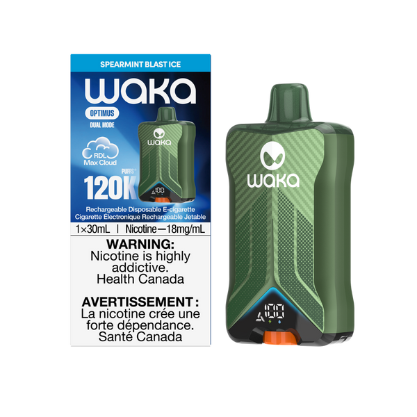 WAKA Optimus 120K Spearmint Blast Ice Disposable Vape (30mL, 18mg/mL nicotine) at RELX Canada. 🌿
