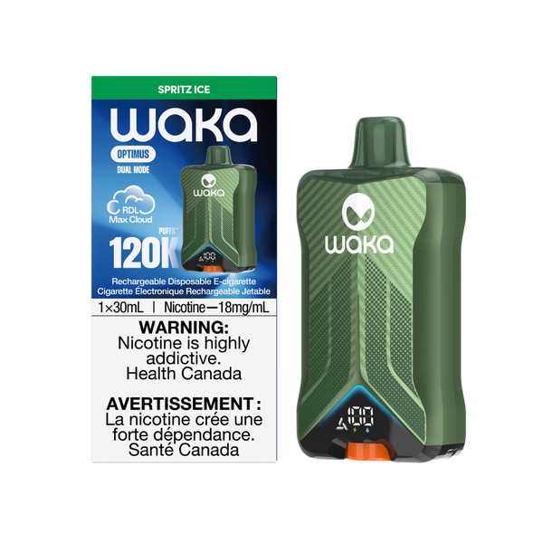 WAKA Optimus 120K Spritz Ice flavor rechargeable disposable vape at RELX Canada. 🍹
