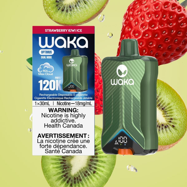 WAKA Optimus 120K Strawberry Kiwi Ice rechargeable vape with Dual Mode RDL Max Cloud at RELX Canada. ❄️🥝
