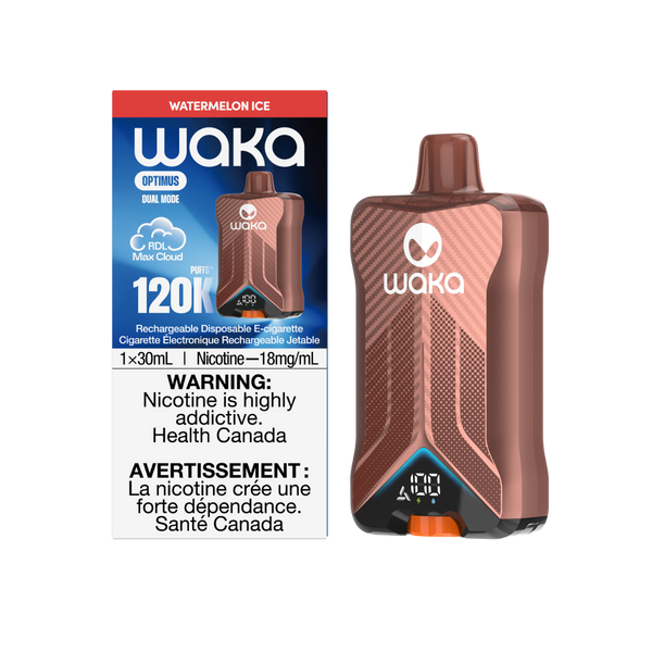 WAKA Optimus 120K Watermelon Ice rechargeable vape with Dual Mode Max Cloud at RELX Canada. 🍉
