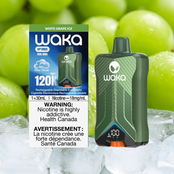 WAKA Optimus 120K White Grape Ice Disposable Vape (30mL, 18mg/mL) available at RELX Canada. 🍇
