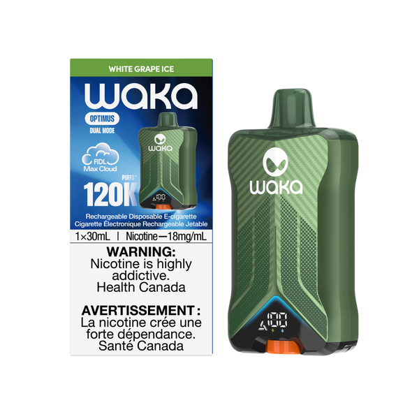 WAKA Optimus 120K White Grape Ice Disposable Vape (30mL, 18mg/mL) available at RELX Canada. 🍇
