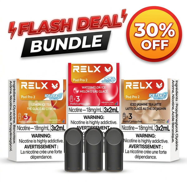 RELX Pod Pro 2 Flash Deal Bundle with 30% OFF, featuring Watermelon Ice, Lemon Ice Tea, and Iced Jasmine Tea Latte pods.